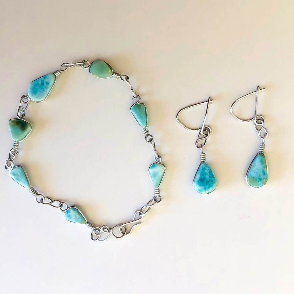 Handmade Turquoise Silver Metal Bracelet and Hook Earring Set US Virgin Islands